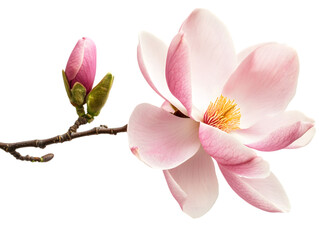 Obraz premium Blooming Magnolia Blossom Petals with Bud on Branch Transparent Background