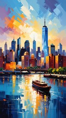 Fototapeta premium Vibrant City Skyline at Sunset with Painterly Brushstrokes