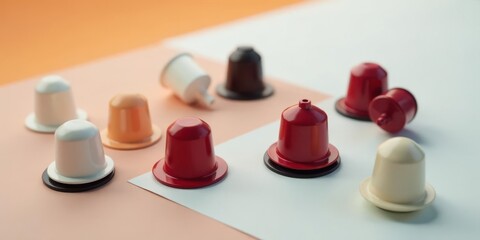 A colorful assortment of small, cylindrical containers with lids, arranged on a dual-toned surface, showcasing a variety of pastel and primary colors.
