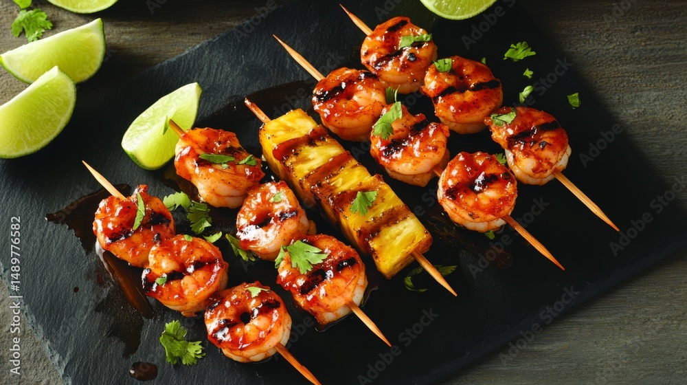 Poster an overhead shot of skewers of shrimp and pineapple, glazed with barbecue sauce, placed on a dark sl