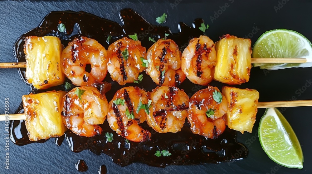 Poster an overhead shot of skewers of shrimp and pineapple, glazed with barbecue sauce, placed on a dark sl