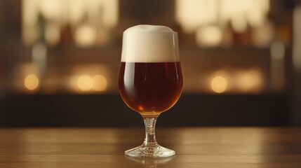 A beautifully crafted beer in a sleek tulip glass, with a rich amber color and foam, set on a wooden table with blurred bar lights in the background.