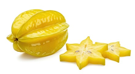 Fresh Starfruit and Slices on White Background