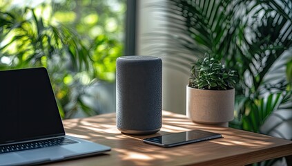 A gray cylindrical smart speaker sits on a wooden desk beside a laptop, smartphone, and potted plants, bathed in sunlight streaming through a nearby window