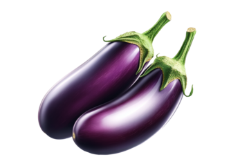 Fresh eggplants with leaves, isolated on white transparent background, concept of healthy eating.
