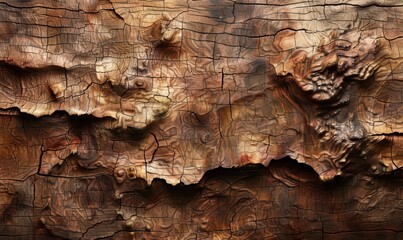 Fototapeta premium Carved wood texture, landscape relief, brown tones, background detail, design element