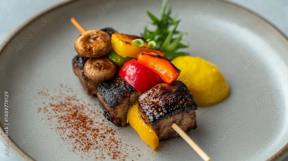 Poster A close-up of a single yakitori skewer with a variety of toppings, including mushrooms and bell peppers, showcasing the delicious combination of flavors and textures.