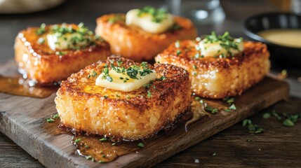 A close-up of golden-brown toast with a crispy texture, spread with creamy butter and a drizzle of honey, placed on a rustic wooden board.