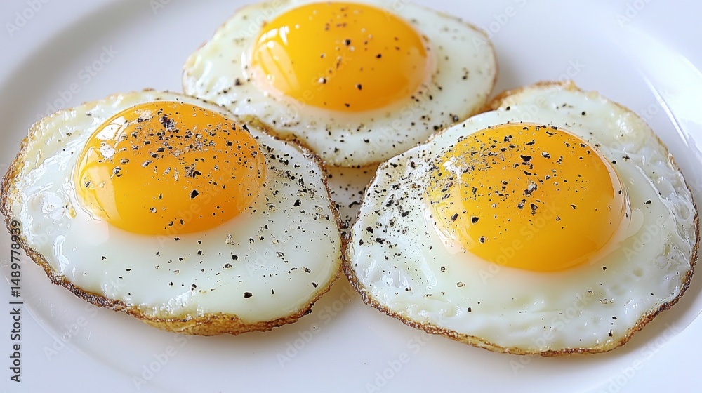 Aufkleber a close-up of perfectly fried sunny-side-up eggs on a white plate, with golden yolks shining and a s