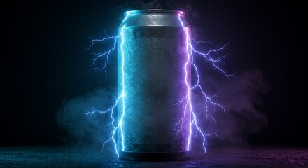 Electric Energy Drink Can with Lightning Bolts and Smoke Effects Background Concept