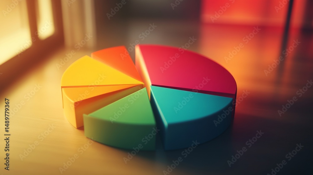 Poster a colorful d pie chart with slices that appear to pop out, set against a contrasting background, sho
