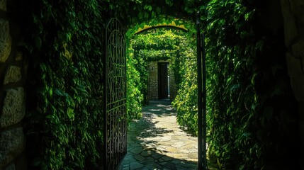 Fototapeta premium Sunlit stone pathway through lush green foliage tunnel with open gates