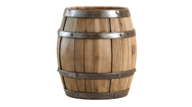a wooden barrel with metal straps on a white background