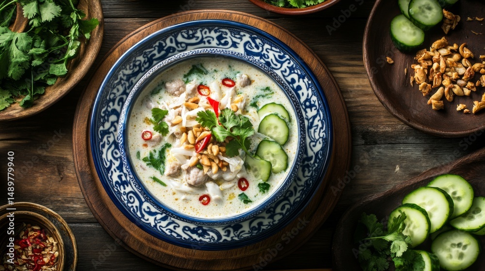 Poster a cozy setting featuring a serving of khao mok gai on a wooden table, adorned with colorful garnishe