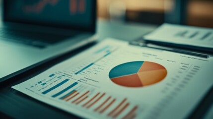 A creative financial graph with a pie chart overlaying a line graph, showcasing different aspects of business data, designed with a professional aesthetic.
