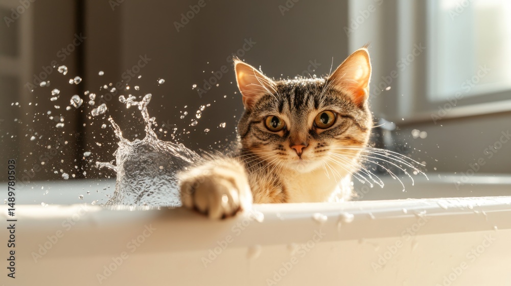 Aufkleber a curious cat perched on the edge of a bathtub, playfully splashing water with its paw while the wat