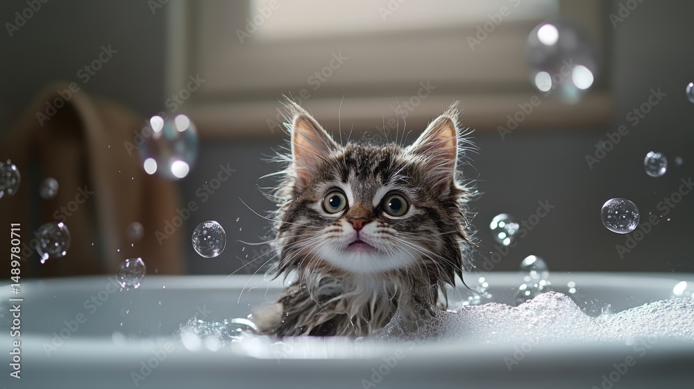 Poster a fluffy cat standing in a shallow tub, surrounded by bubbles, with a look of surprise as it shakes 