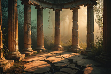 A beautiful shot of ancient columns in a mystical, foggy, and sun-drenched outdoor setting.
