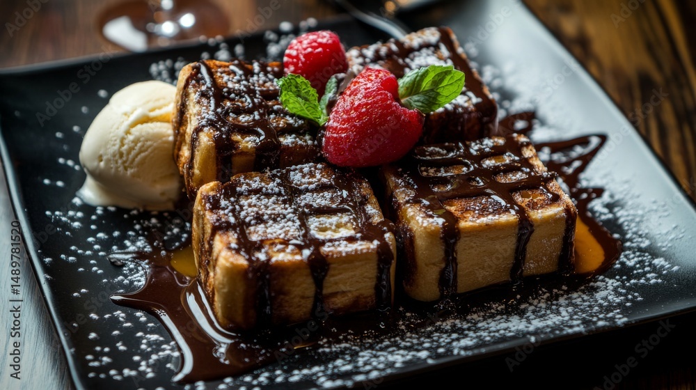 Poster a mouthwatering display of honey toast with rich chocolate drizzle, served with a side of ice cream,