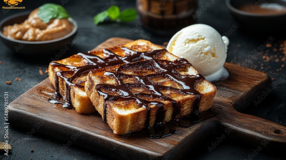 Poster a mouthwatering display of honey toast with rich chocolate drizzle, served with a side of ice cream,