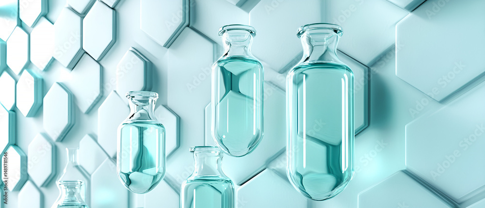Poster transparent bottles with blue liquid arranged against a hexagonal pattern background representing sc