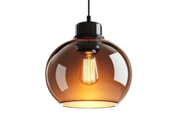 Glowing vintage style Edison bulb nestled in a smoky glass pendant casting a warm inviting on transparent background