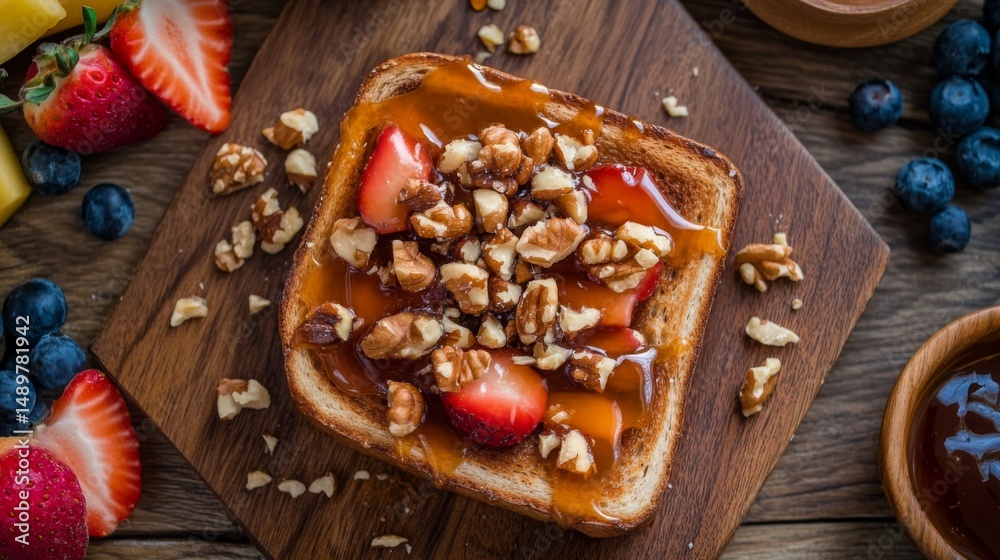Poster A rustic setting featuring a slice of honey toast topped with caramel sauce and chopped nuts, with a side of fresh fruit for a well-rounded dessert.