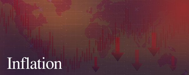 Inflation illustration background and texture with world map down arrow and share market loss signs.