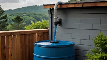 A rain barrel collecting water from a rooftop 