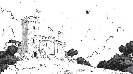 Hilltop Castle, Cloudy Sky, Fantasy Illustration