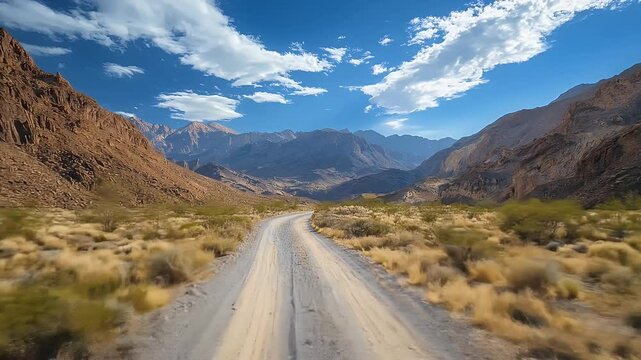 Desert Road Leading Toward Distant Mountains Under Bright Cloudy Sky During Sunny Day at Arid Region With Dry Scrubland and Bumpy Sandy Dirt Road