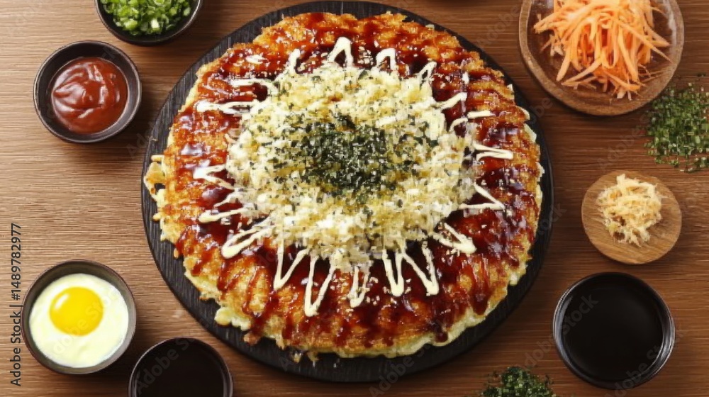 Poster A top-down view of a colorful okonomiyaki feast, featuring different variations on a wooden table, garnished with sauces and fresh ingredients for an inviting scene.