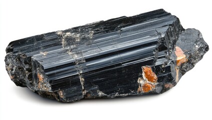 Dark, striped mineral specimen.  Intricate,  black  crystal structure.  Highlights of orange inclusions