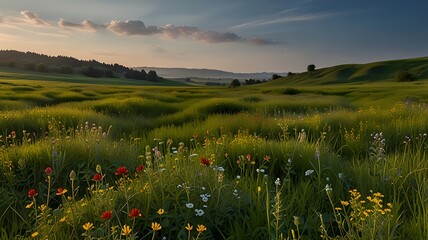 A green field with wildflowers and no human structures 