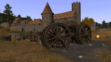 Medieval water wheel by a castle