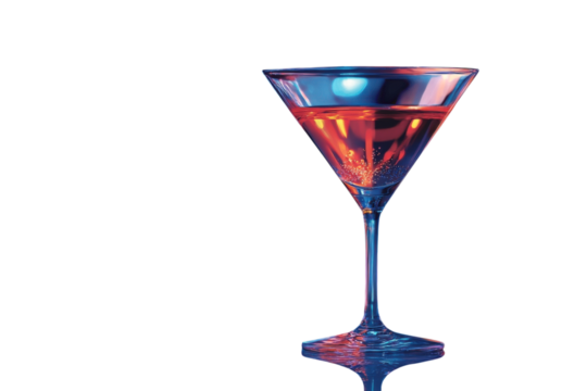Sparkling cosmopolitan in an elegant martini glass bathed in neon lights promising a vibrant on transparent background