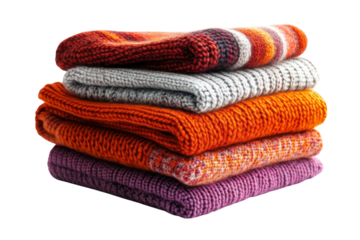 Stack of cozy knitted scarfs radiating warmth and comfort awaiting chilly days to provide snug on transparent background