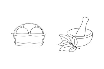 Hand drawn illustration of a serving dish a mortar and pestle with herbal leaves