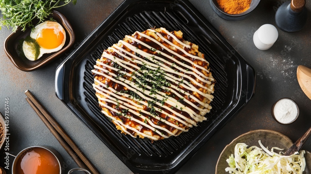 Poster a top-down view of a sizzling okonomiyaki on a griddle, surrounded by cooking tools and ingredients,