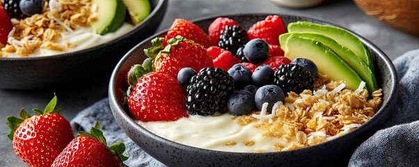 Healthy smoothie bowl with yogurt and organic berries dessert concept. Delicious yogurt bowl topped with fresh berries and granola.