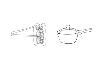 Outline illustration of sushi rolls with chopsticks and a saucepan for food preparation