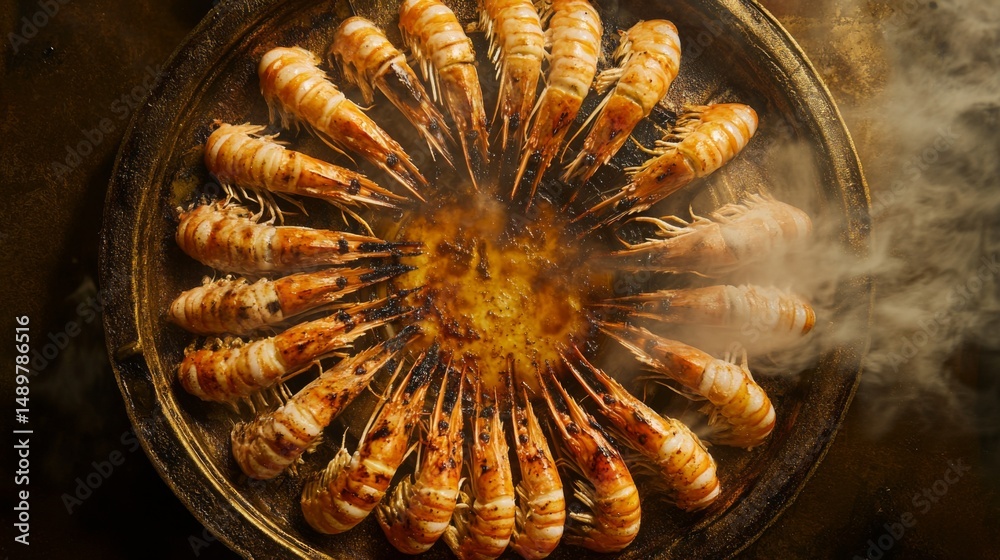 Poster a top-down view of large grilled prawns arranged in a circle on a platter, with steam rising and a g