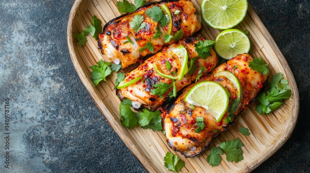 Poster a vibrant presentation of korean spicy squid served on a bamboo plate, garnished with slices of lime