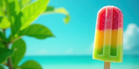 A Refreshing Multicolored Ice Pop Beside Lush Greenery and a Serene Ocean View on a Sunny Day