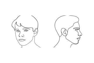 Minimalist linear illustration of a young man's face in front and side profile views
