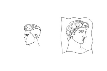 Vector illustration of modern hairstyle and classical statue head profiles in line art