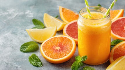 Fresh Citrus Juice in Jar Surrounded by Orange and Lemon Slices with Mint Leaves on Gray Surface