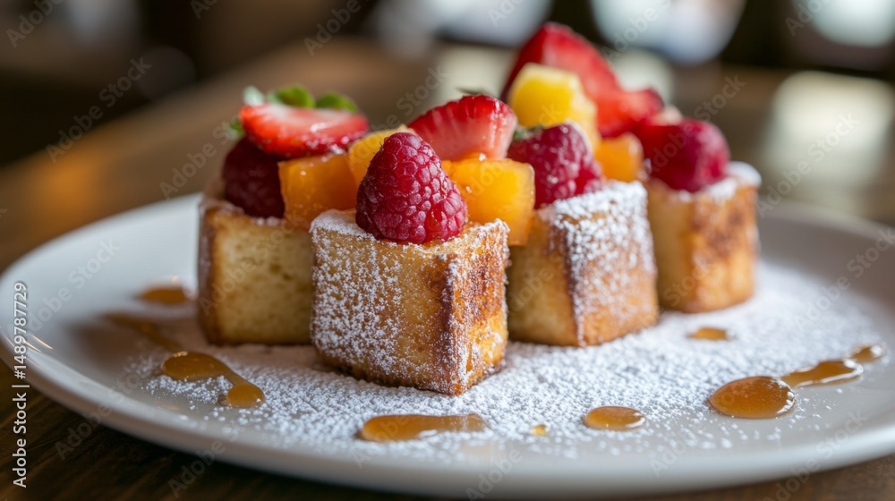 Poster a whimsical presentation of mini honey toast bites served on a plate, topped with colorful fruit and