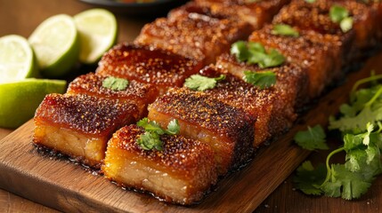 A wooden serving board with perfectly fried pork belly slices arranged in a line, glistening with fish sauce, with fresh herbs and lime wedges on the side.