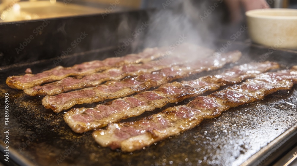 Poster Bacon strips frying in their own fat on a griddle, with a close-up view of the sizzling edges and bubbling grease.
